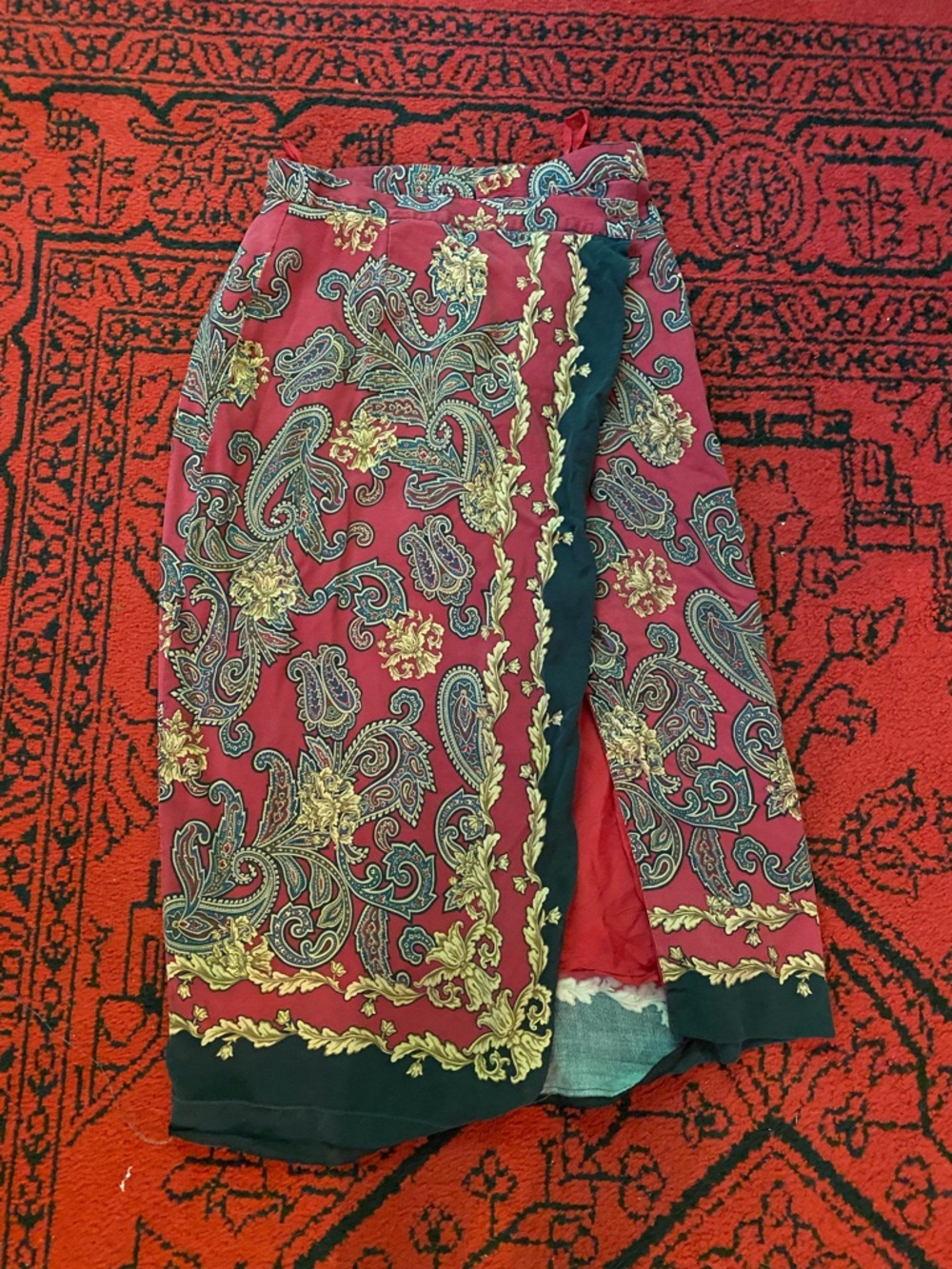Talbots Red Paisley-Trim Wrap Skirt
